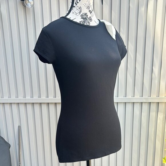 Ted Baker London Black Fitted T-Shirt Large White Bow Shoulder Detail - Picture 7 of 11